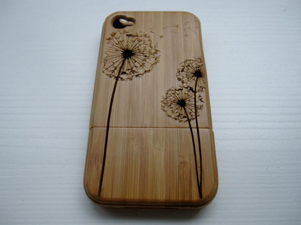 Iphone 4 Case - Wooden Cases Bamboo, Cherry And Walnut Wood - Dandelion - Laser Engraved